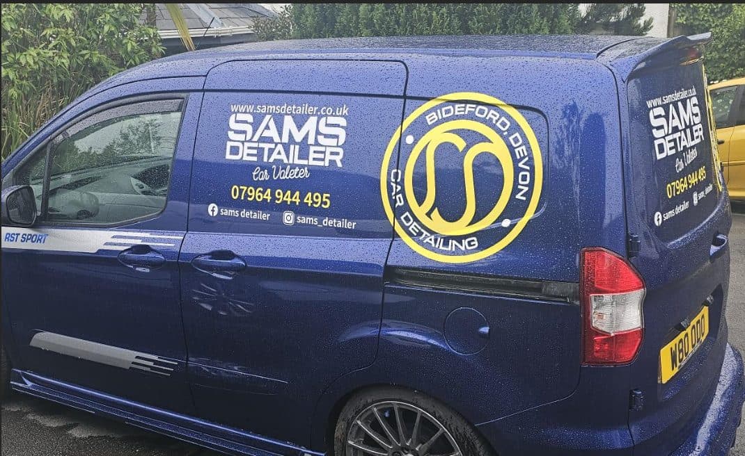 Sam's Detailer — branded mobile valeting van with SS Car Detailing badge and contact details